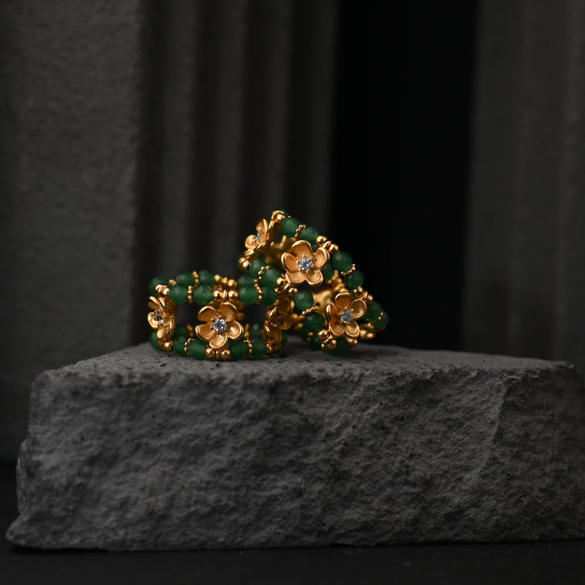 The Aurelia Blossom Vine / Heavy 22K Gold Sculpted Floral Soft Band Ring with Faceted Green Aventurine Beads & High-Carbon Diamonds (11mm Wide, US Size 7)