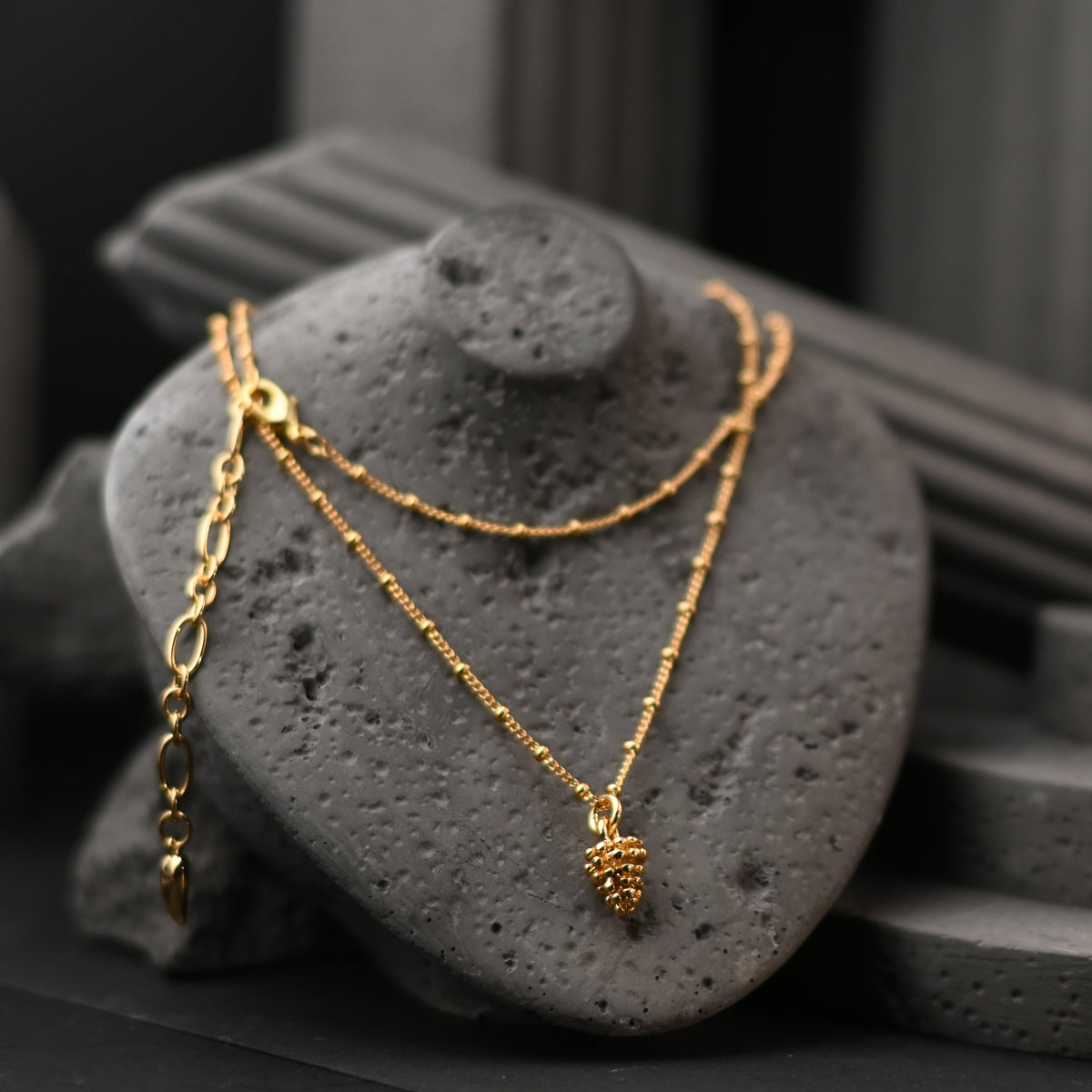 The Aurelia Pinecone / Heavy 18K Gold Sculpted Botanical Pinecone Pendant on Satellite Bead Chain Necklace (42cm + 6cm, 8x7mm Motif)