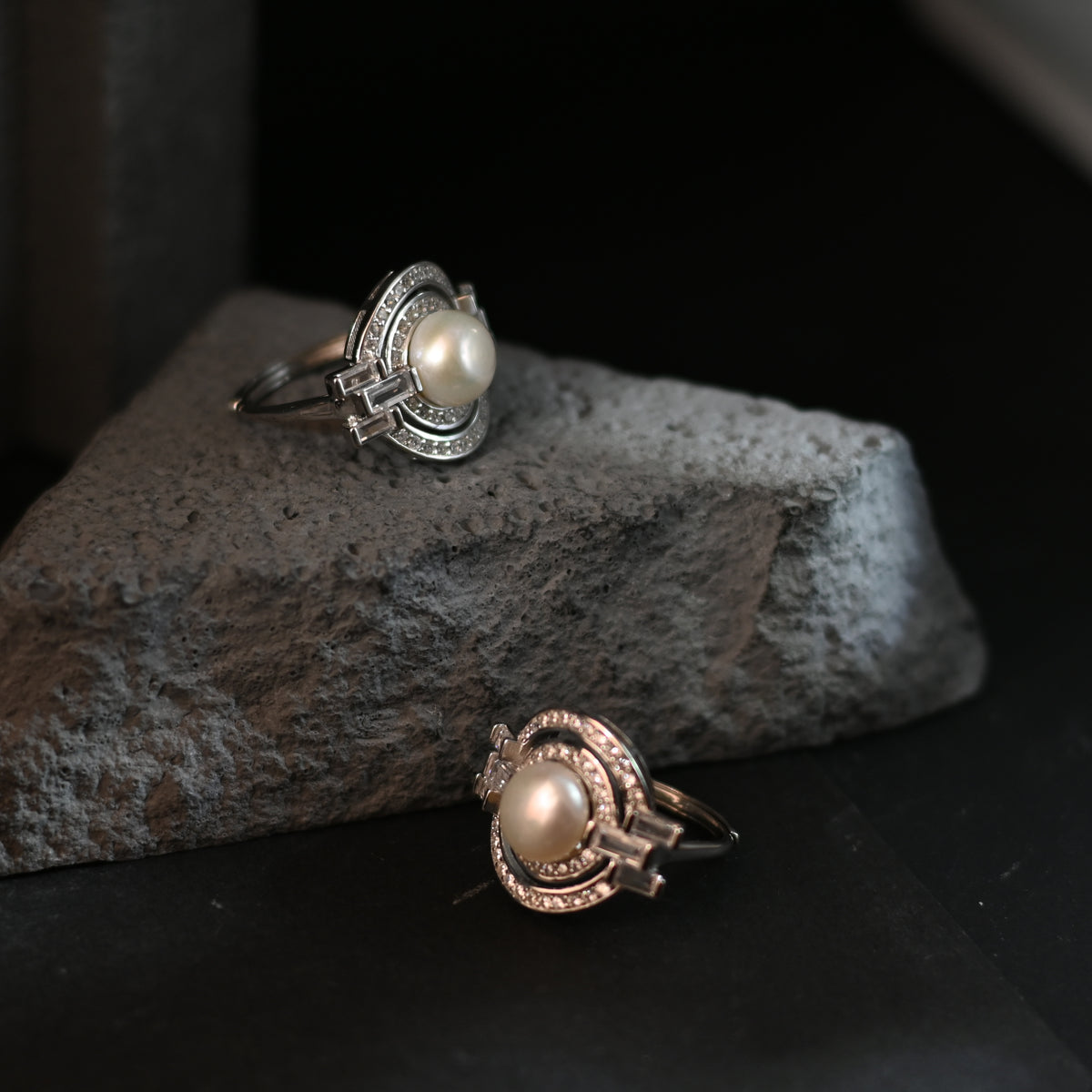 The Art Deco Pearl / Baguette & Pavé Geometric Halo Statement Ring
