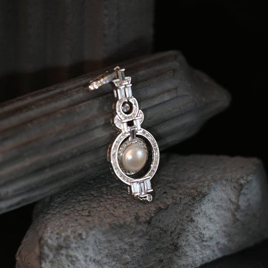 The Art Deco Pearl Drop / Baguette & Pavé Geometric Halo Pendant
