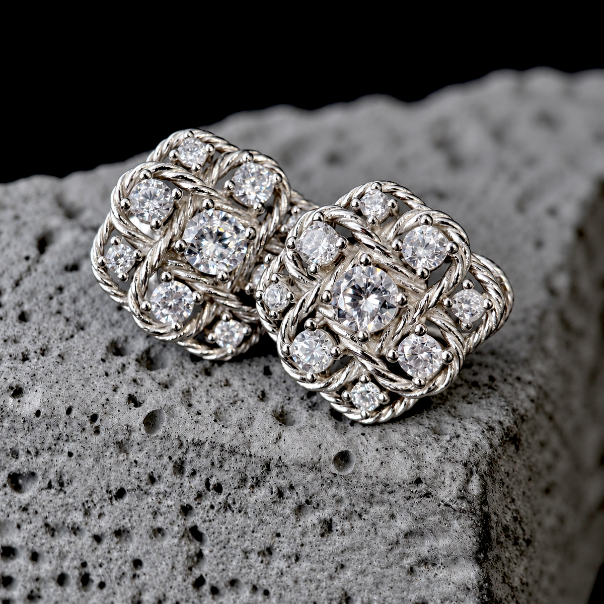 The Silver Vintage Lattice / Moonlight Weave Cluster Stud Earrings