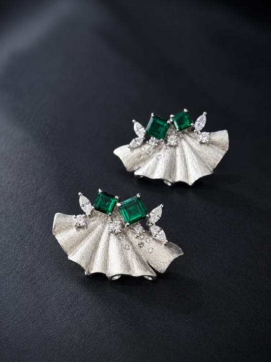 The Silver Ginkgo Dew / Verdant Fan Drop Earrings