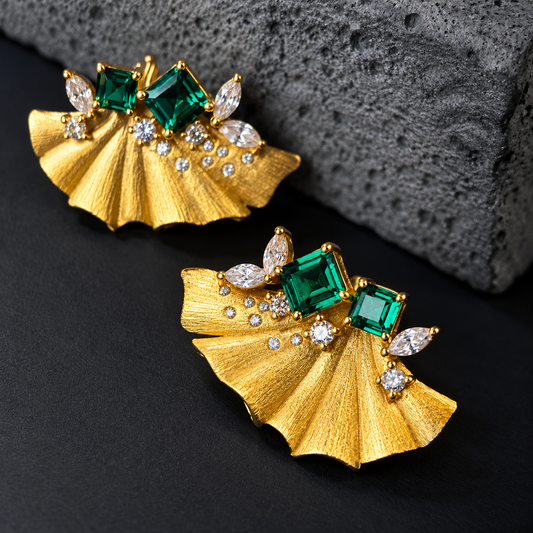 The Golden Ginkgo Dew / Verdant Fan Drop Earrings