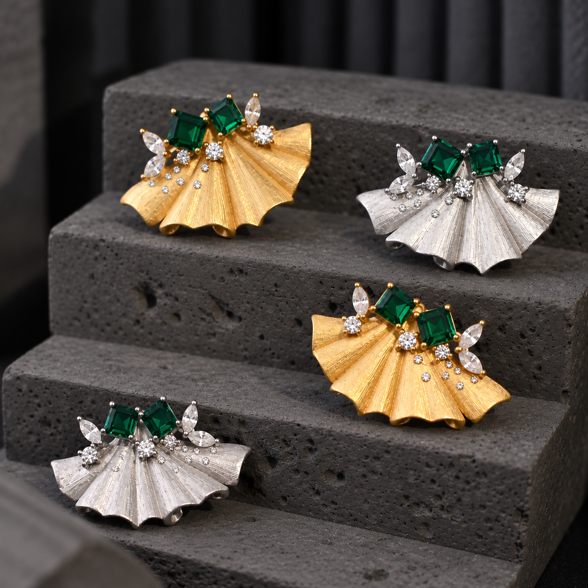 The Silver Ginkgo Dew / Verdant Fan Drop Earrings