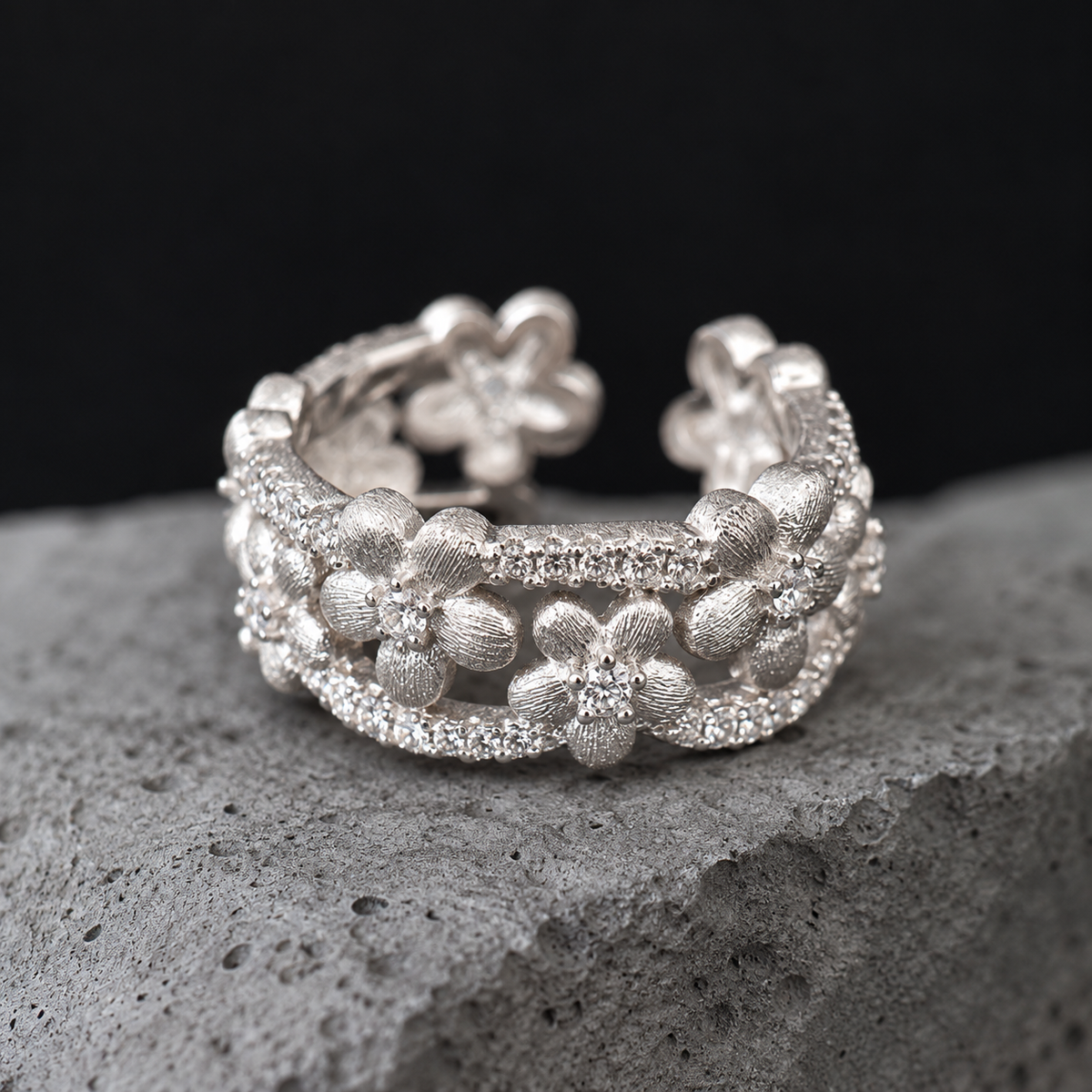 The Silver Moonlight Blossom / Floral Vine Openwork Ring