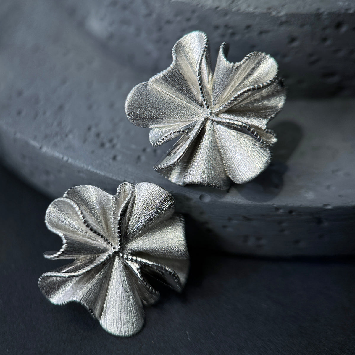 The Moonlight Bloom / Textured Silver Floral Fan Statement Earrings