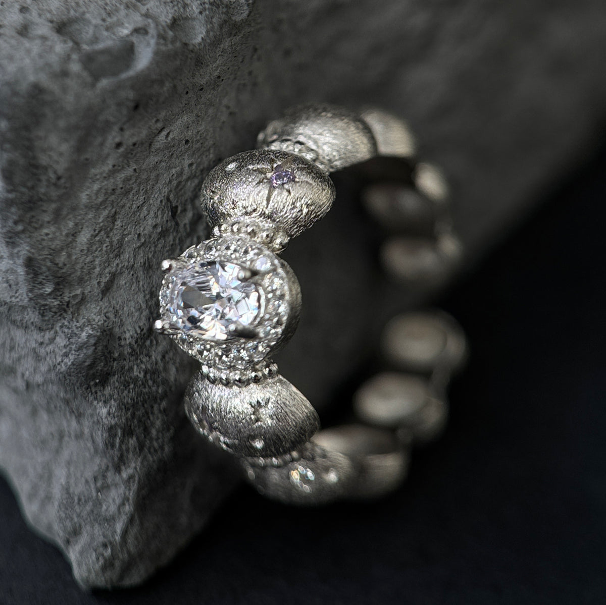 The Silver Moonlight Pebble & Star / Textured Halo Ring (Adjustable)