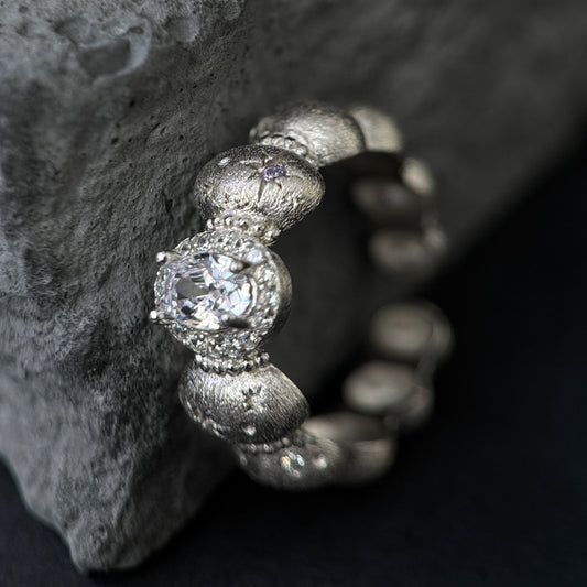 The Silver Moonlight Pebble & Star / Textured Halo Ring (Adjustable)