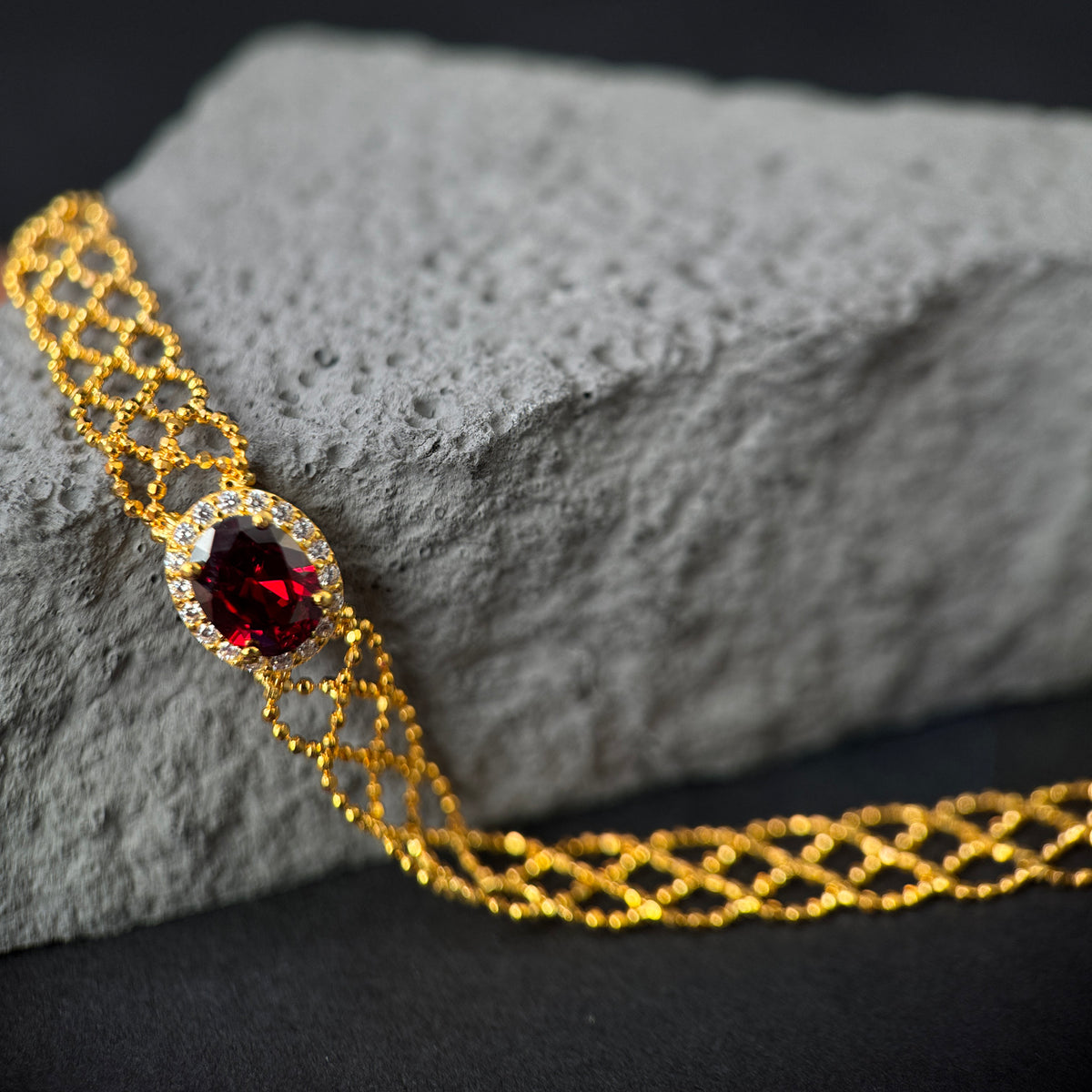 The Crimson Lace / Golden Mesh Ruby Halo Bracelet