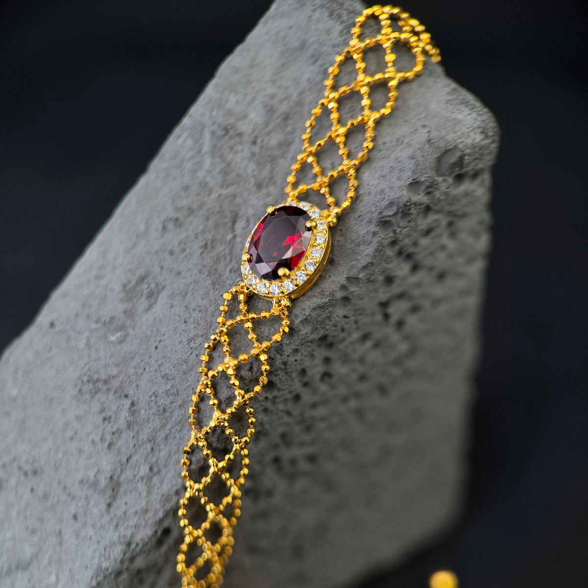 The Crimson Lace / Golden Mesh Ruby Halo Bracelet