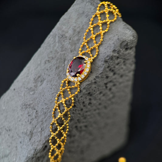 The Crimson Lace / Golden Mesh Ruby Halo Bracelet