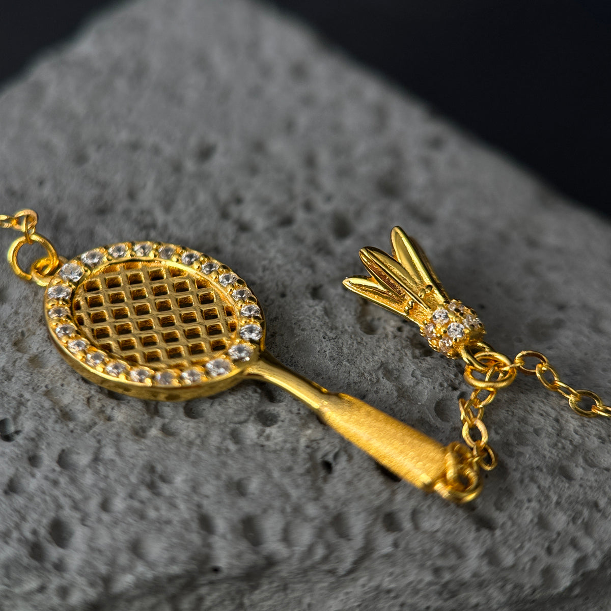 The Golden Badminton Racket & Shuttlecock / Pavé Sports Charm Bracelet
