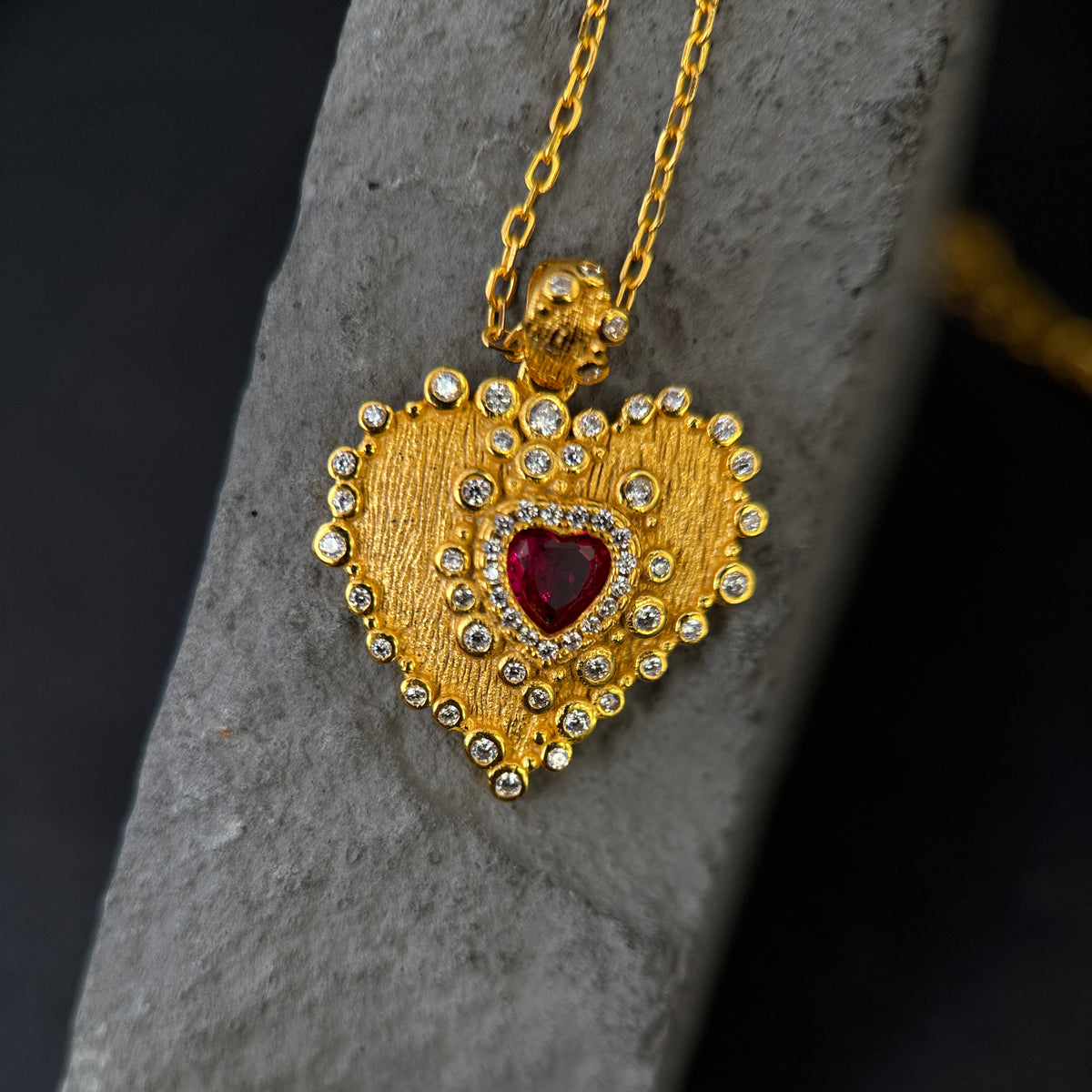 The Golden Textured Ruby Heart Statement Necklace