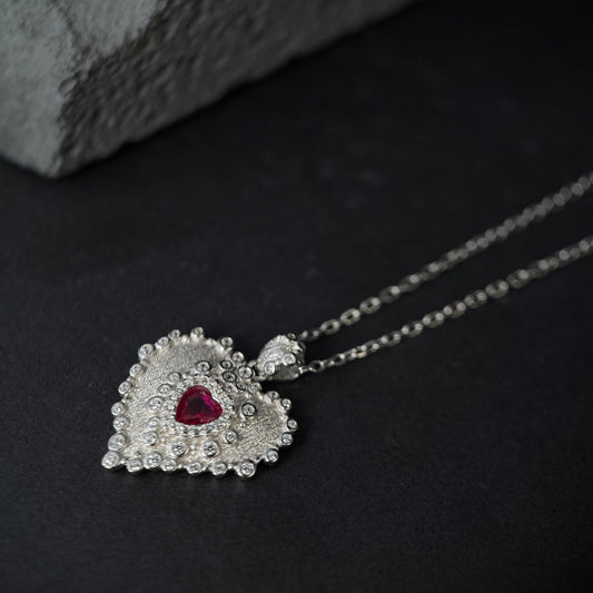 The Textured Ruby Heart Statement Necklace
