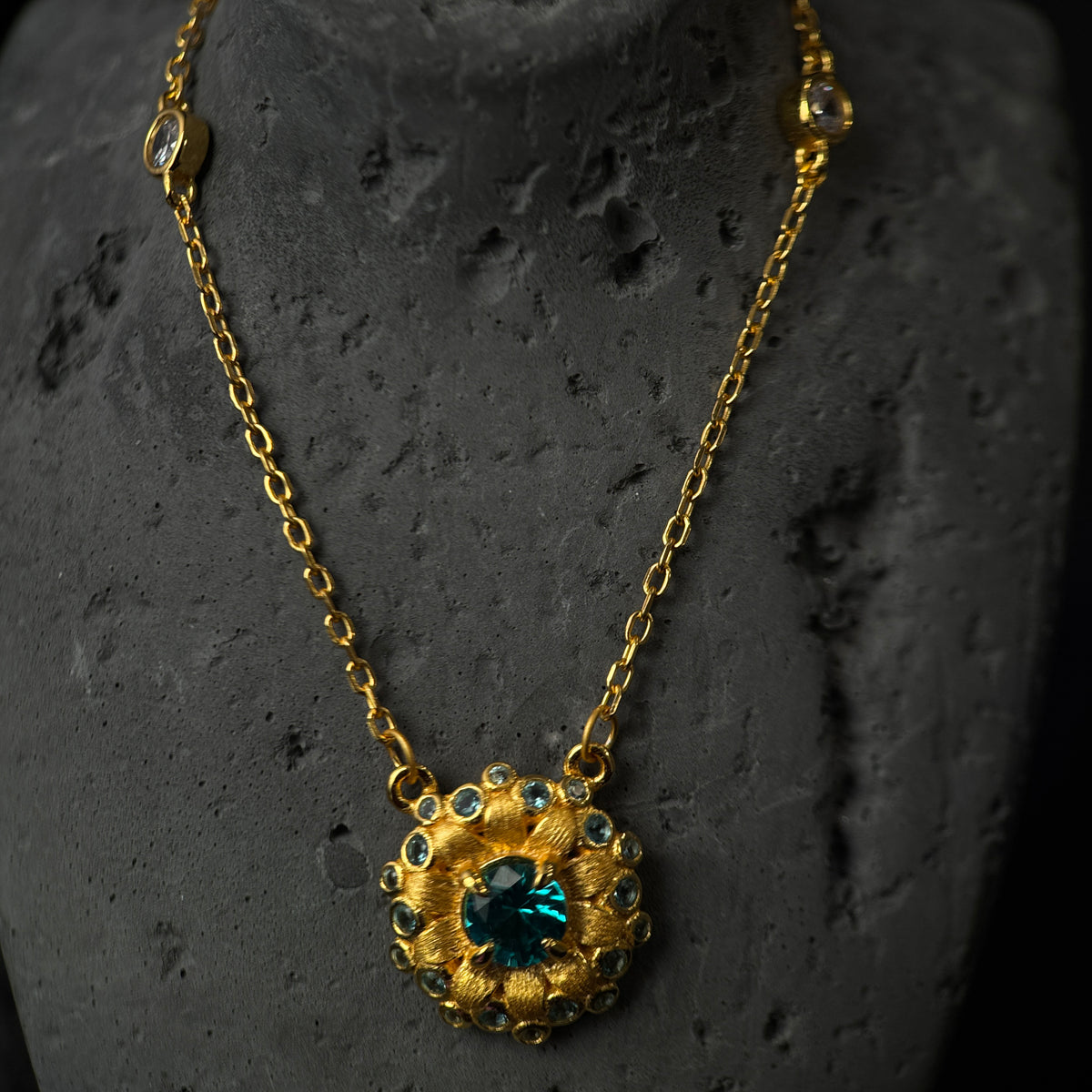 The Golden Moonlight Solar Bloom / Textured Teal Tourmaline Medallion Necklace