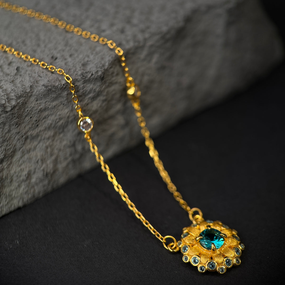 The Golden Moonlight Solar Bloom / Textured Teal Tourmaline Medallion Necklace