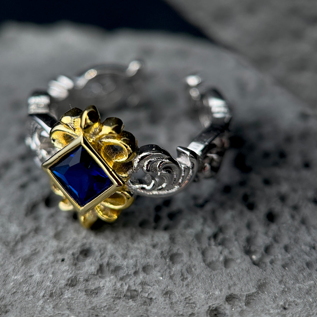 The Baroque Royal Sapphire / Vintage Two-Tone Crown Statement Ring