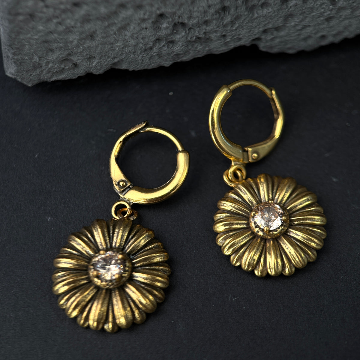 The Vintage Sunflower / Antiqued Gold Bloom Huggie Drop Earrings