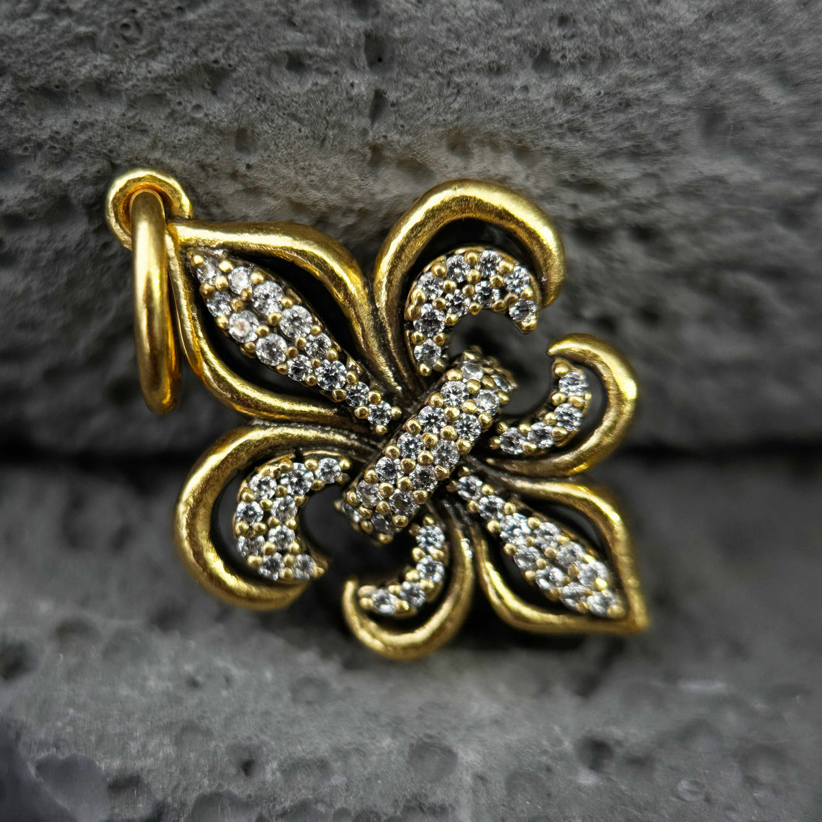 The Gothic Fleur-de-Lis / Antiqued Gold Pavé Royal Emblem Pendant