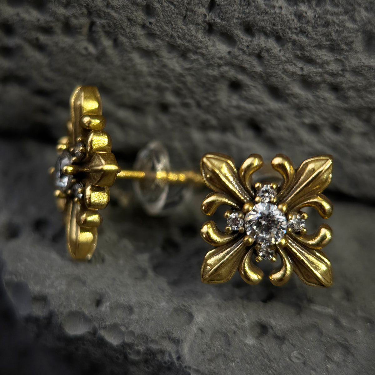 The Baroque Fleur-de-Lis Star / Vintage Pavé Cross Stud Earrings