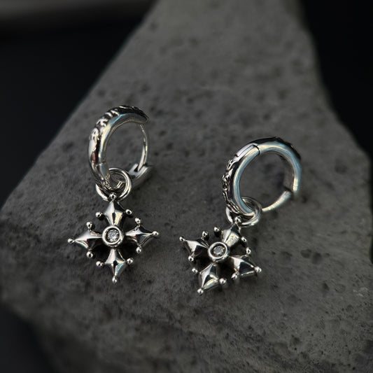 The Gothic Compass Cross / Antiqued Silver Solitaire Huggie Drop Earrings