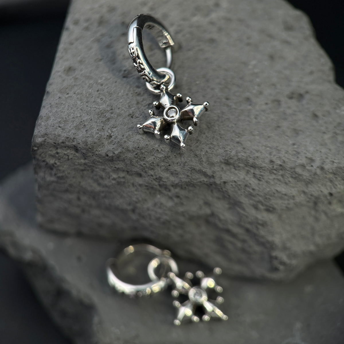 The Gothic Compass Cross / Antiqued Silver Solitaire Huggie Drop Earrings