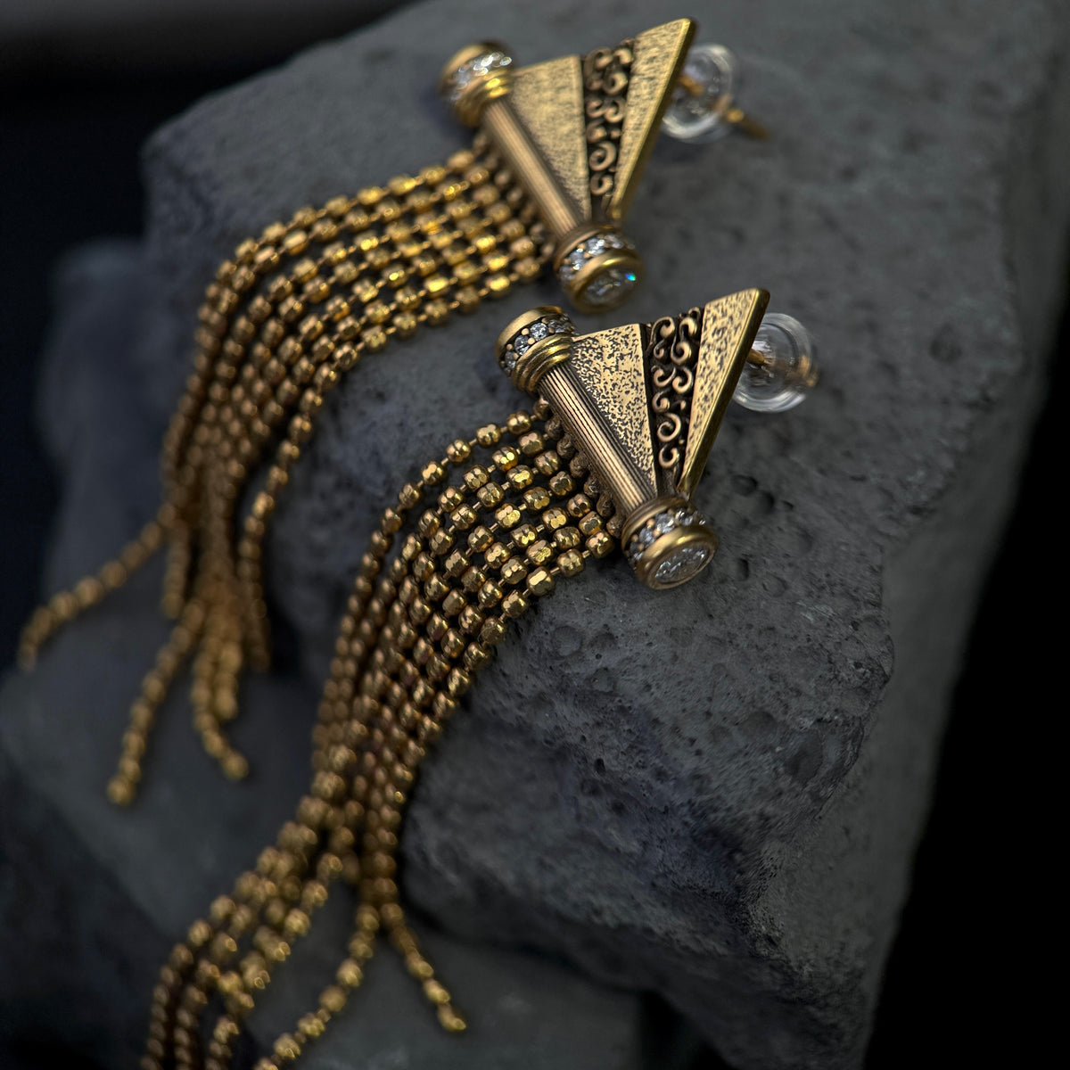 The Gothic Triangular Scroll / Vintage Gold Tassel Fringe Statement Earrings