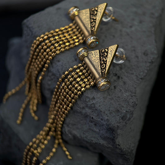 The Gothic Triangular Scroll / Vintage Gold Tassel Fringe Statement Earrings