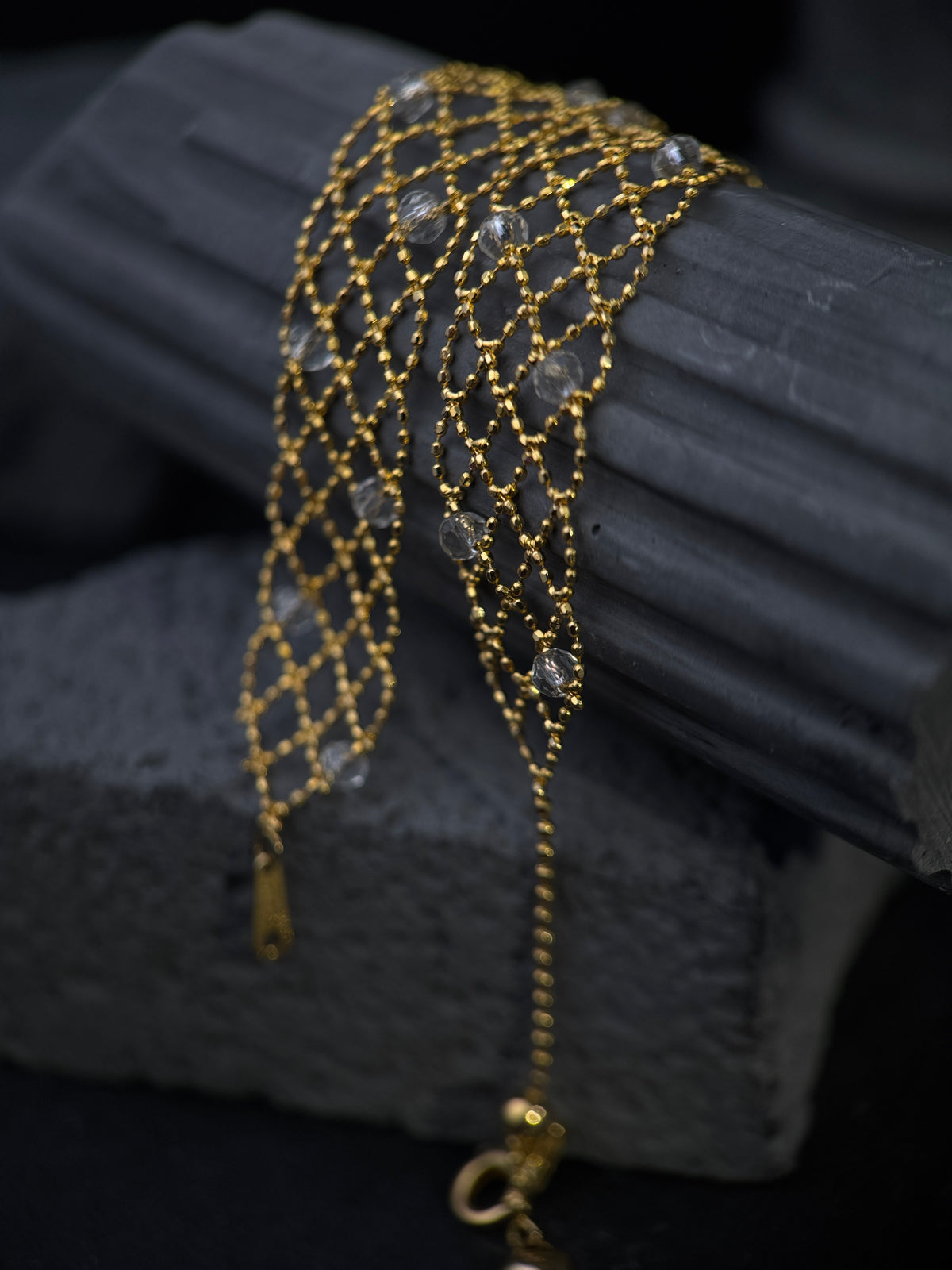 The Aurelia Gothic Woven / 22K Gold Crystal Lattice Diamond Mesh Bracelet (1.2cm Statement Edition)