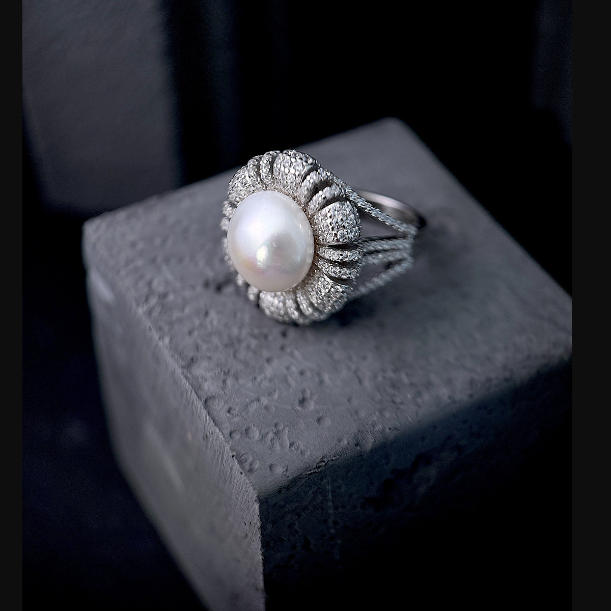 The Aurelia Petal Pavé / Sculpted Botanical Pearl Statement Ring