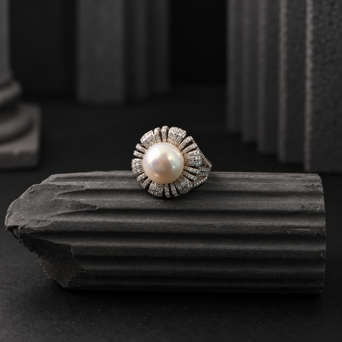 The Aurelia Petal Pavé / Sculpted Botanical Pearl Statement Ring