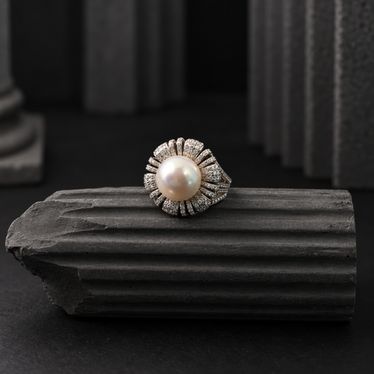 The Aurelia Petal Pavé / Sculpted Botanical Pearl Statement Ring