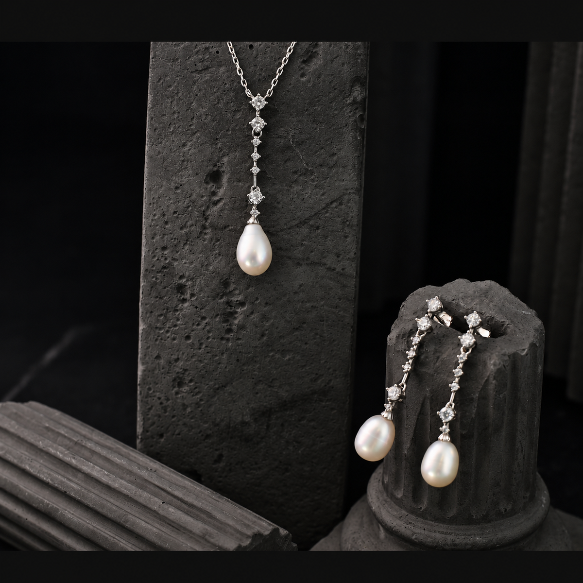 The Aurelia Starlight / Linear Diamond & Teardrop Pearl Drop Necklace