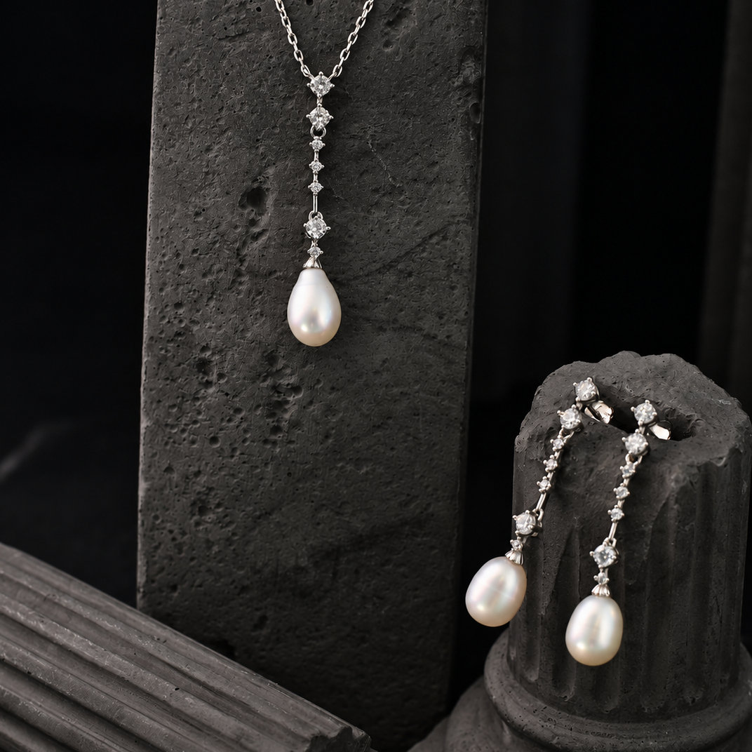 The Aurelia Starlight / Linear Diamond & Teardrop Pearl Drop Earrings