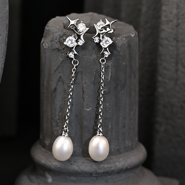 The Astraia Celestial Starburst / Radiant Oval Pearl Chain Drop Earrings