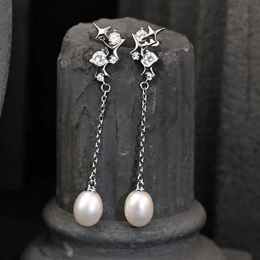 The Astraia Celestial Starburst / Radiant Oval Pearl Chain Drop Earrings