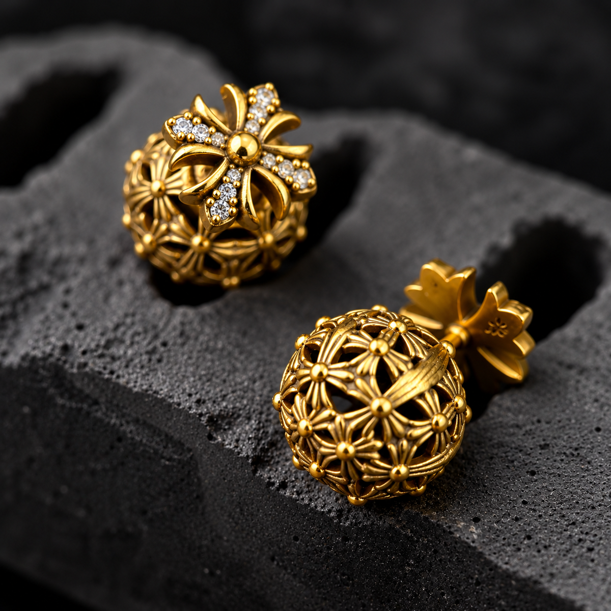 The Gothic Lattice Orb / Vintage Pavé Cross Front-Back Jacket Earrings