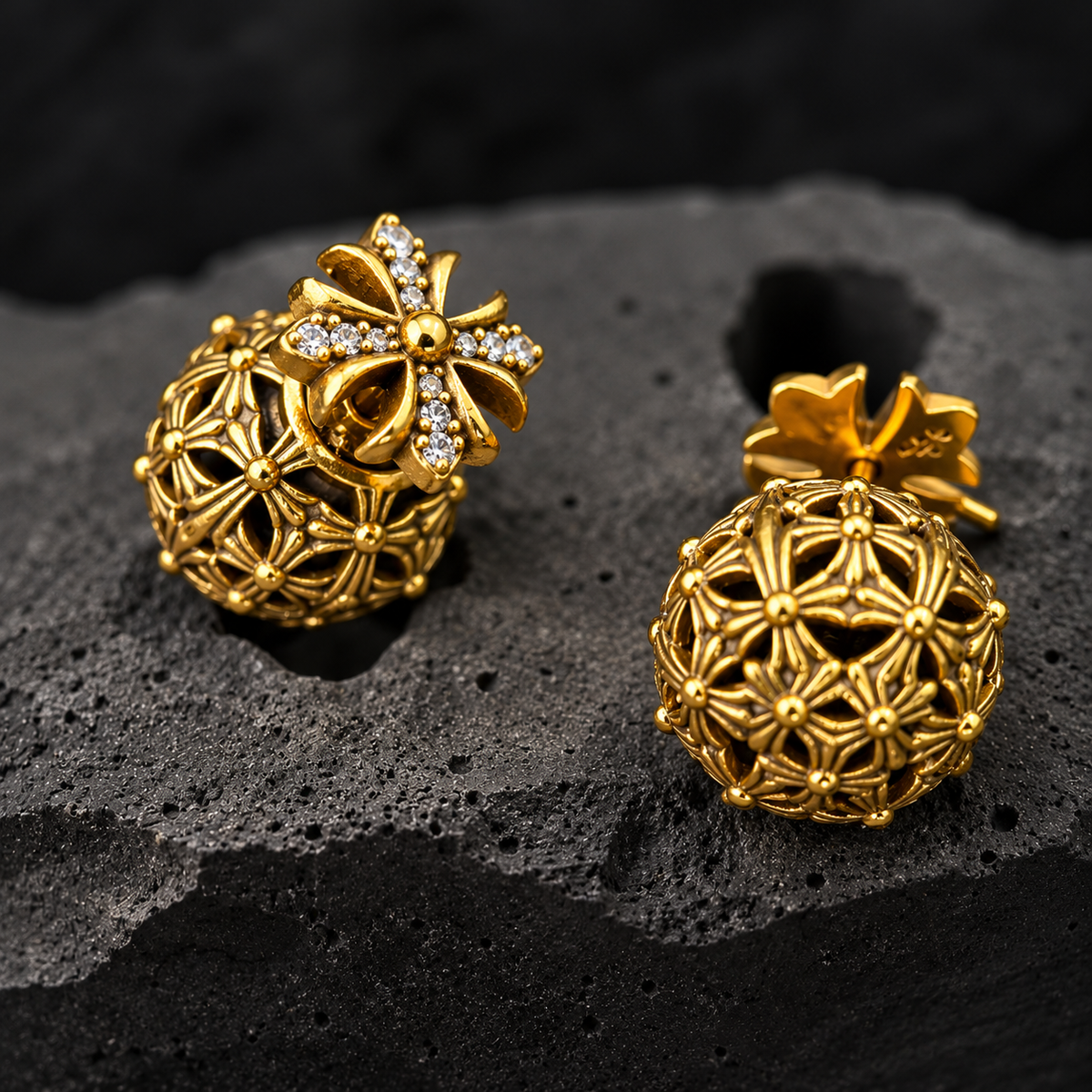 The Gothic Lattice Orb / Vintage Pavé Cross Front-Back Jacket Earrings