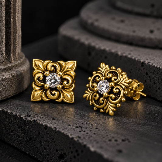 The Gothic Baroque Mismatched Acanthus & Filigree / Solitaire Vintage Gold Stud Earrings
