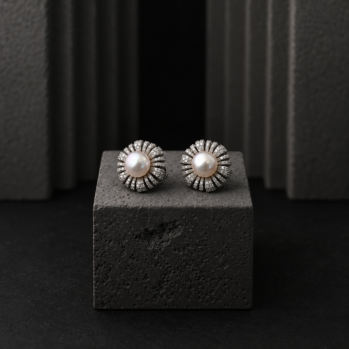 The Aurelia Petal Pavé / Sculpted Botanical Pearl Stud Earrings