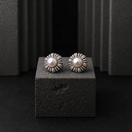 The Aurelia Petal Pavé / Sculpted Botanical Pearl Stud Earrings
