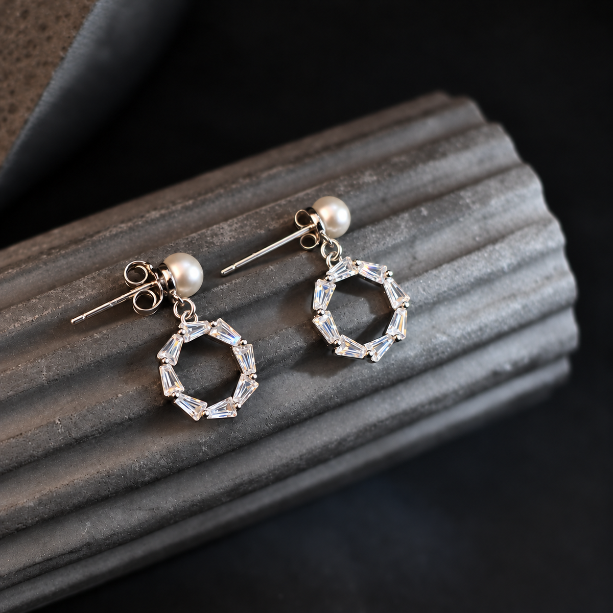 The Aurelia Geometric Baguette Wreath / Art Deco Pearl Stud Drop Earrings