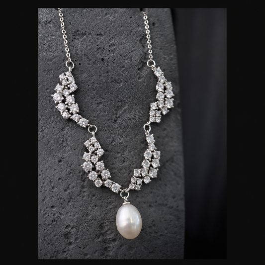 The Aurelia Crystal Vine / Round Diamond Chevron & Teardrop Pearl Collar Necklace