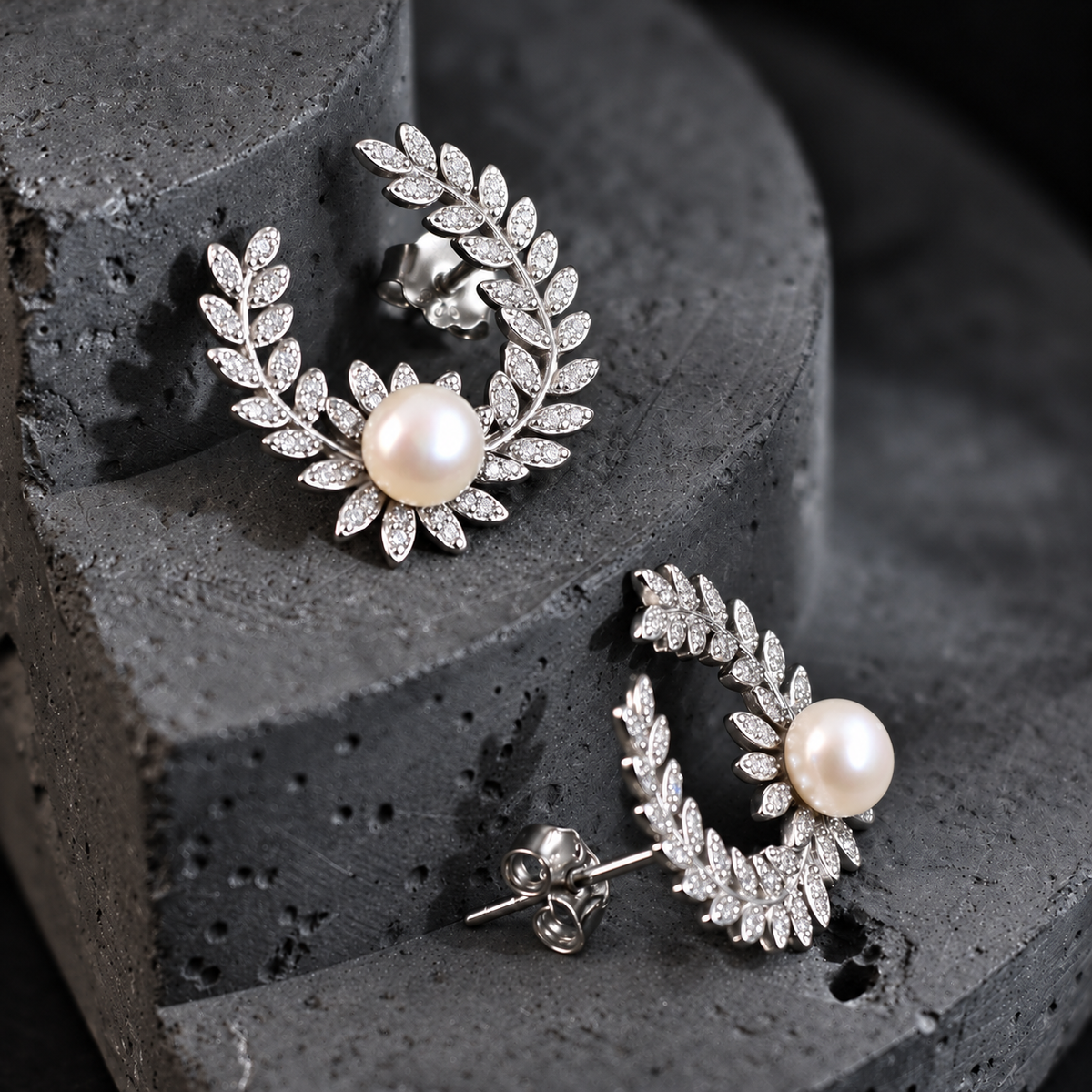 The Aurelia Laurel Wreath / Micro-Pavé Curved Leaf Pearl Stud Earrings
