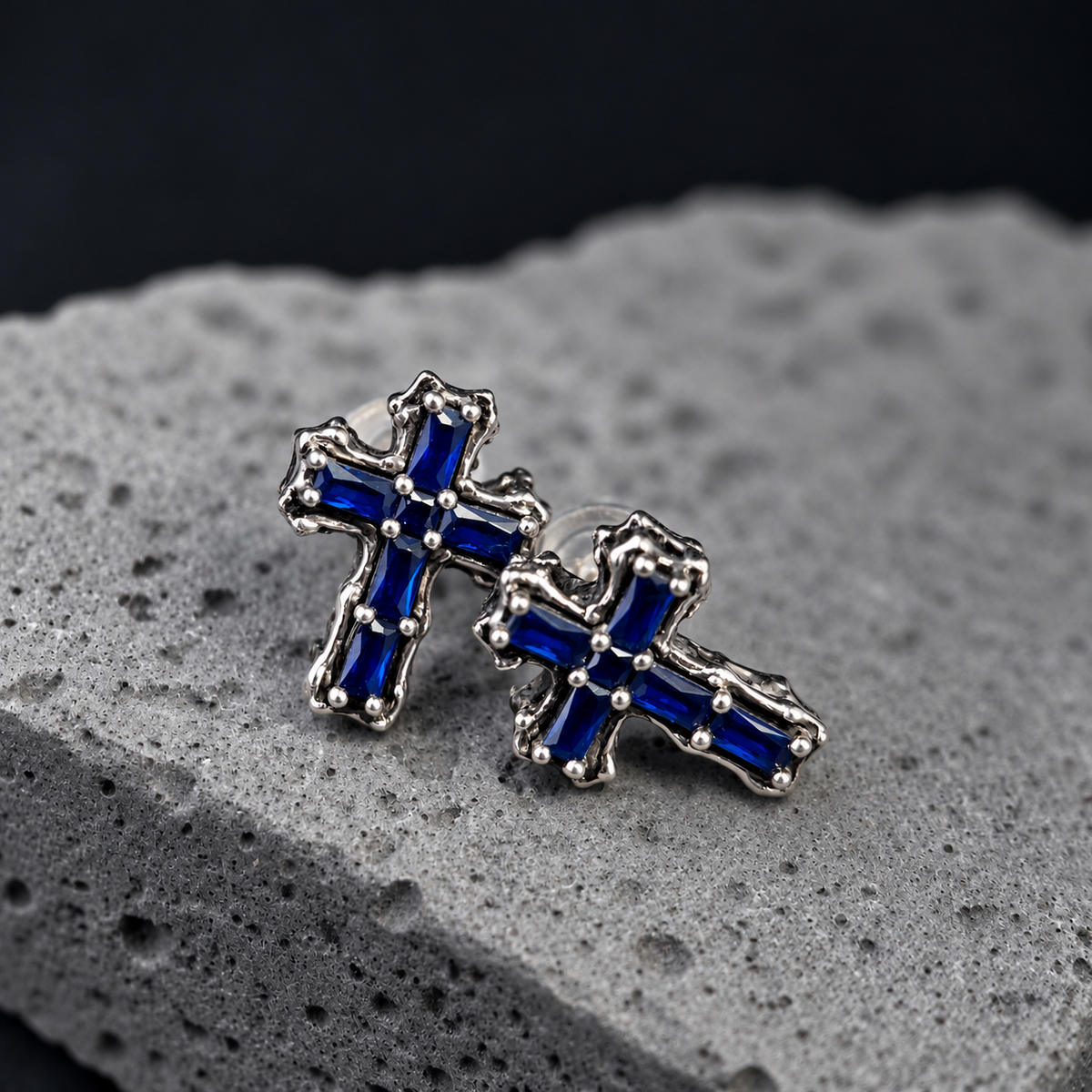 The Gothic Sapphire Cathedral / Antiqued Silver Sapphire Cross Stud Earrings