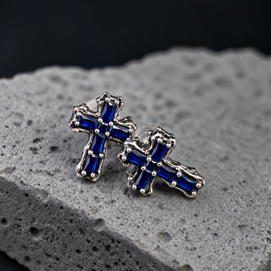 The Gothic Sapphire Cathedral / Antiqued Silver Sapphire Cross Stud Earrings