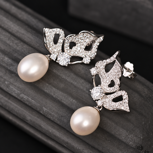 The Aurelia Enchanted Butterfly / Filigree Diamond & Teardrop Pearl Drop Earrings