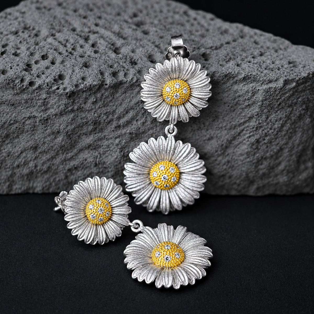 The Silver Daisy / Two-Tone Silk Blossom Drop Earrings