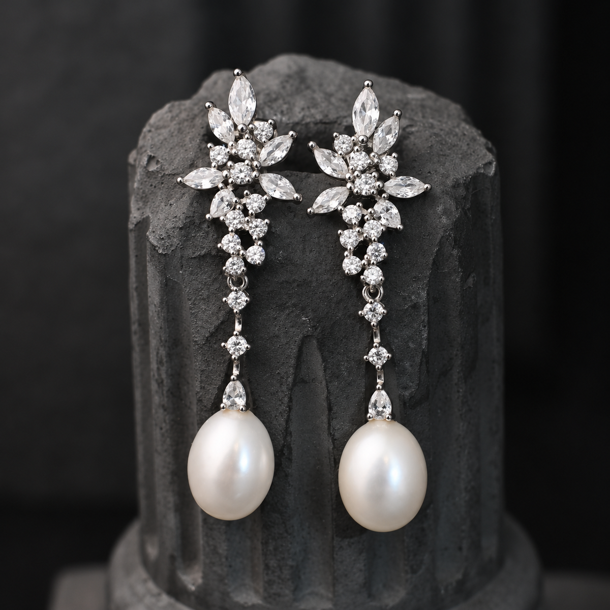 The Aurelia Floral Cascade / Marquise Cluster & Teardrop Pearl Long Drop Earrings