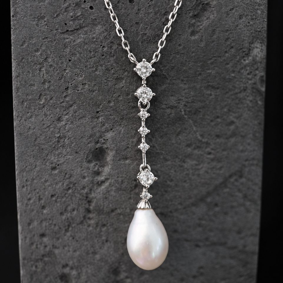 The Aurelia Starlight / Linear Diamond & Teardrop Pearl Drop Necklace